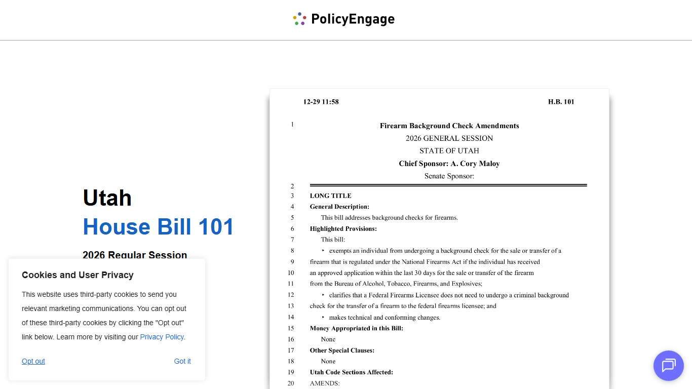 UT HB101 Utah House Bill 101 2026 Regular Session Firearm Background Check Amendments PolicyEngage
