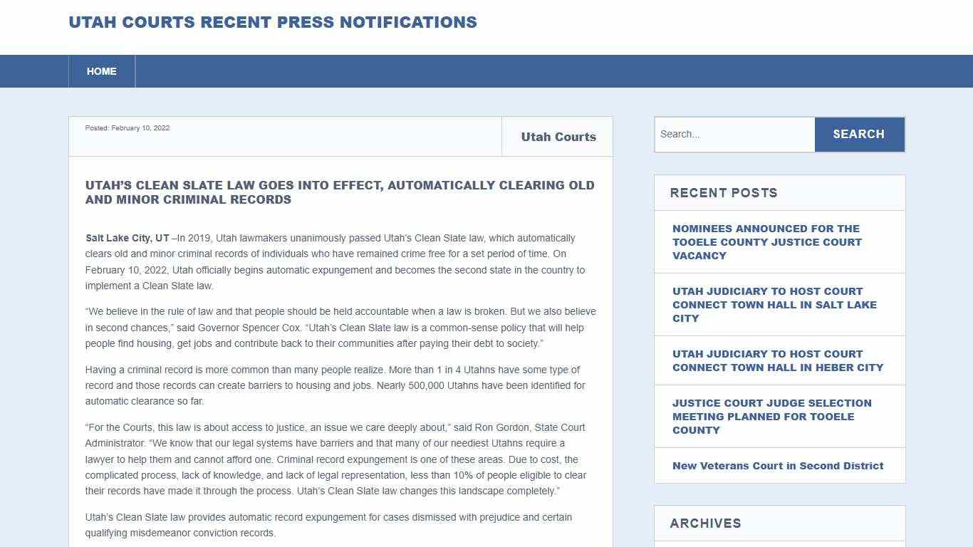 UTAH’S CLEAN SLATE LAW GOES INTO EFFECT, AUTOMATICALLY CLEARING OLD AND MINOR CRIMINAL RECORDS – Utah Courts Recent Press Notifications
